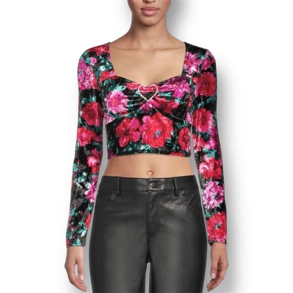Madden NYC 3X Black Velvet Floral Cropped Top Rhinestone Heart Y2K Whimsigoth - Picture 1 of 12